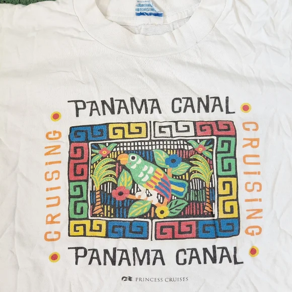 VINTAGE Princess Cruises Panama Canal Cruising Colorful Bird Y2K White T Shirt S - Picture 2 of 9